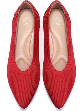 Women's Red Pointed Toe Comfort Foldable Slip On Dressy Knit Ballet Flat Shoes